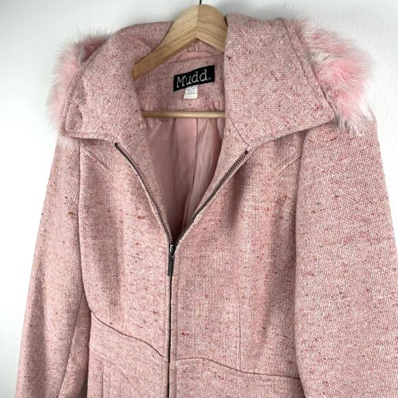 y2k Pink Tweed Wool Blend Coat Size S Faux Fur Trim Full Zip Jacket Bratz Doll - Picture 3 of 11